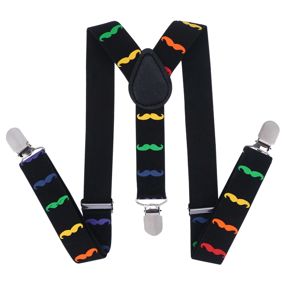 1pc Beards Pattern Suspenders Y-shape Elatic Belt Strap Braces 3 Clip Buckle Suspenders for Children Kids (Black with Colorful Beard)