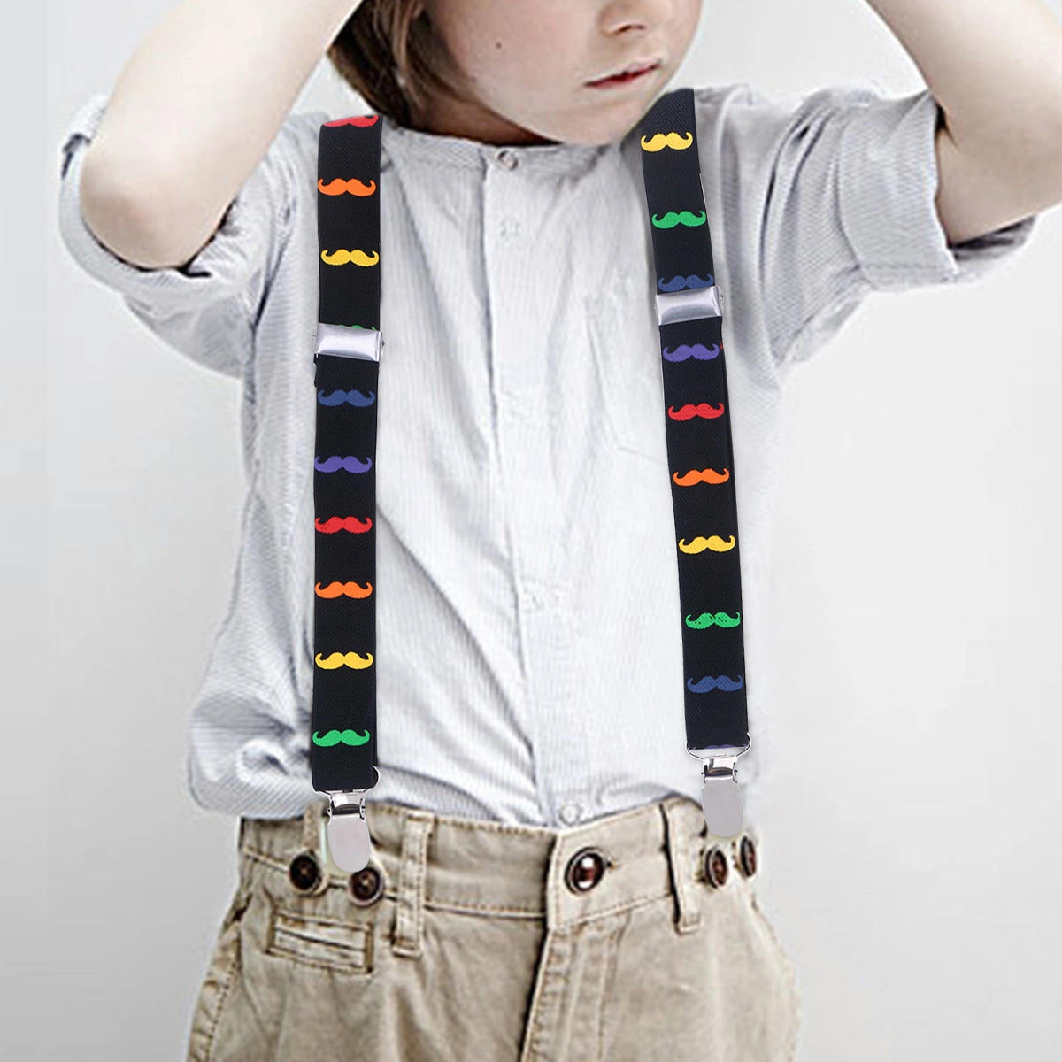 1pc Beards Pattern Suspenders Y-shape Elatic Belt Strap Braces 3 Clip Buckle Suspenders for Children Kids (Black with Colorful Beard)