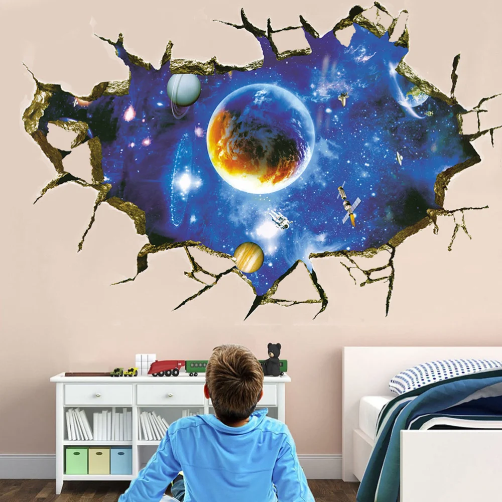 2 Pcs/1 Set 3D Broken Wall Creative Star Planet Wall Decal Removable Decorative Wallpaper for Home Living Room Bedroom Kids Room (30x60cm)