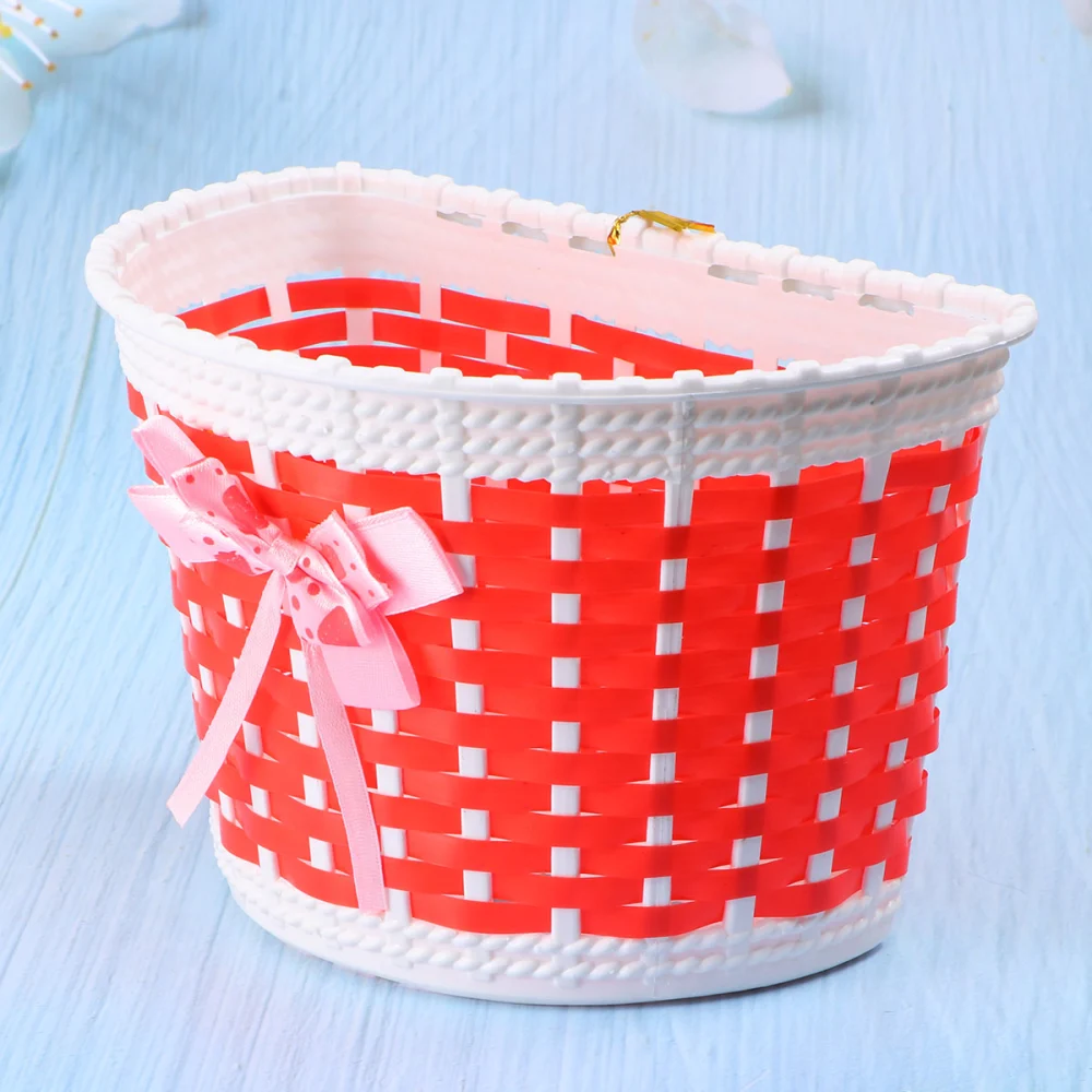 Scooter Basket Children Bike Basket Plastic Knitted Bow Knot Front Handmade Bag(Small,Red Basket, Color Randomization Car Bell)