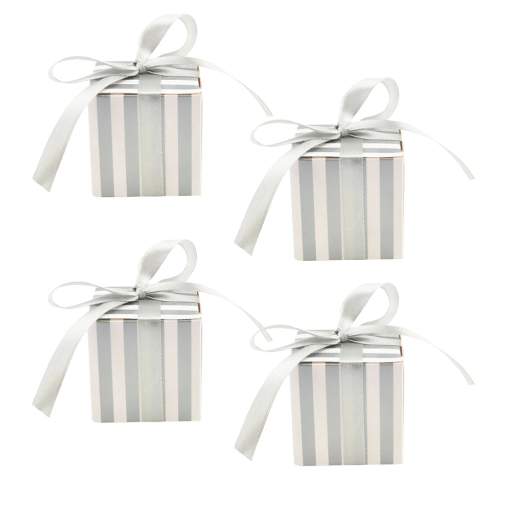 10 Pcs Korean Striped Candy Boxes Small Square Chocolate Boxes Gift Container with Ribbon for Wedding (Silver Striped)