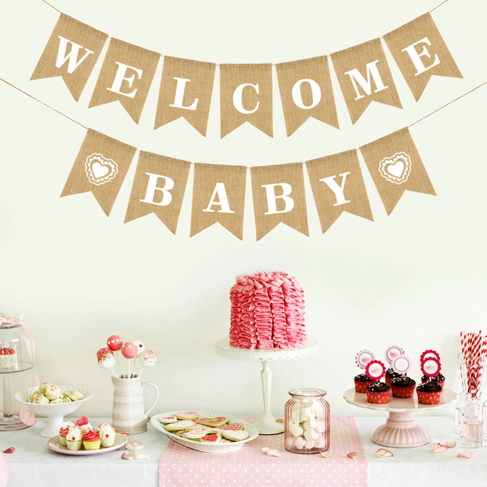 WELCOME BABY Letters Bunting Banner Decoration Heart Shape Linen Burlap Banner Swallowtail Pull Flag Party Supplies for Birthday