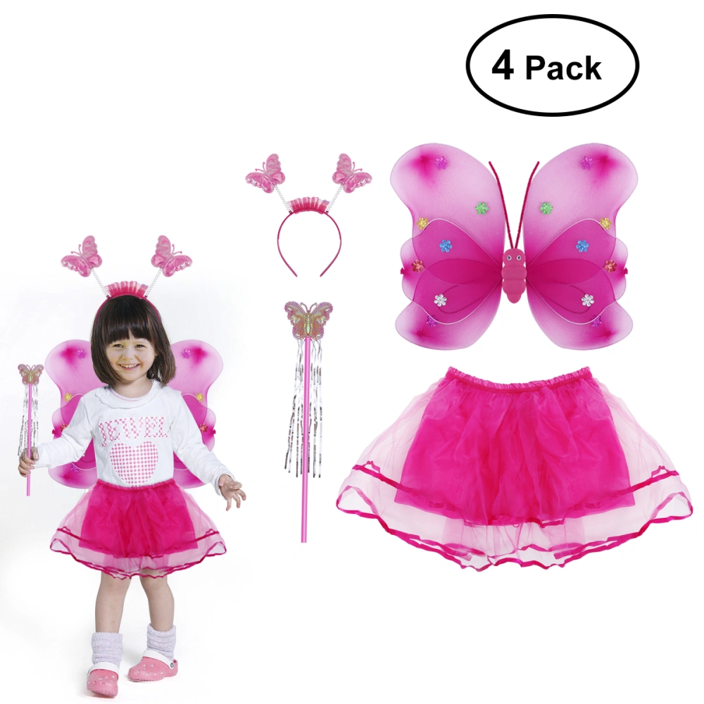 LUOEM 4pcs/set Angle Girls Fairy Costumes Dual-layer Headband Wand Tutu Skirt Set (Rose Red)