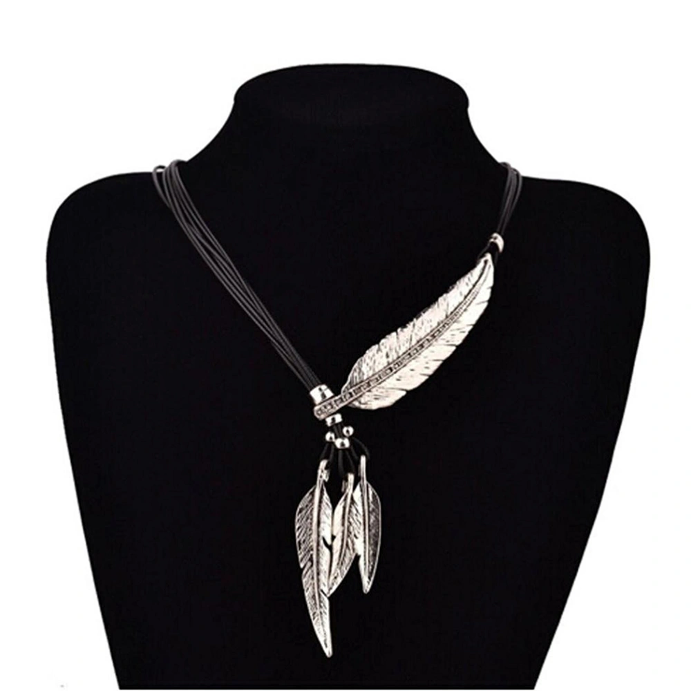 Leather Cord Multilayer Tree Leaf  Tassel Necklace (Silver+Black)