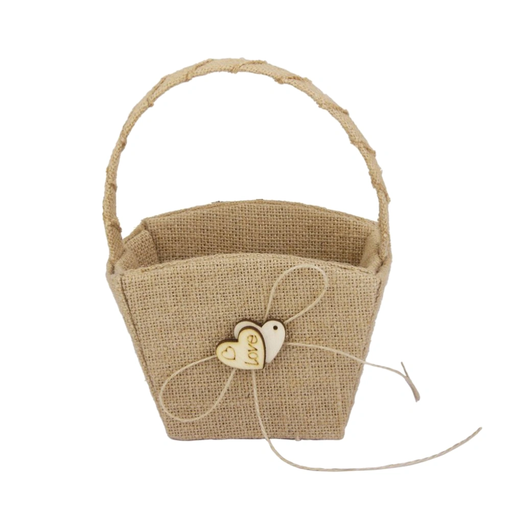 Burlap Double Heart Wedding Flower Girl Basket Bowknot Vintage Rustic Linen Wedding Ceremony Girl Basket Flower Basket