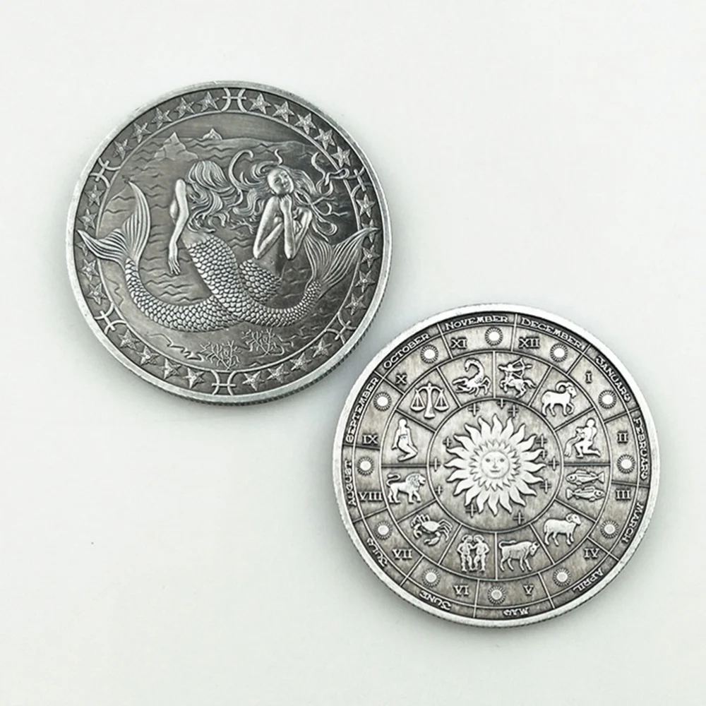 Vintage Twelve Constellations Commemorative Coin Stereoscopic Embossment Metal Coin Souvenir Gift Crafts (Pisces)