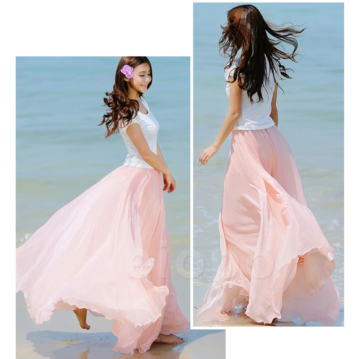 Fashion Bohemian Style Spring Summer Women's Elastic Waist Band Chiffon Long Maxi Skirt Dress - Size M (Light Pink)