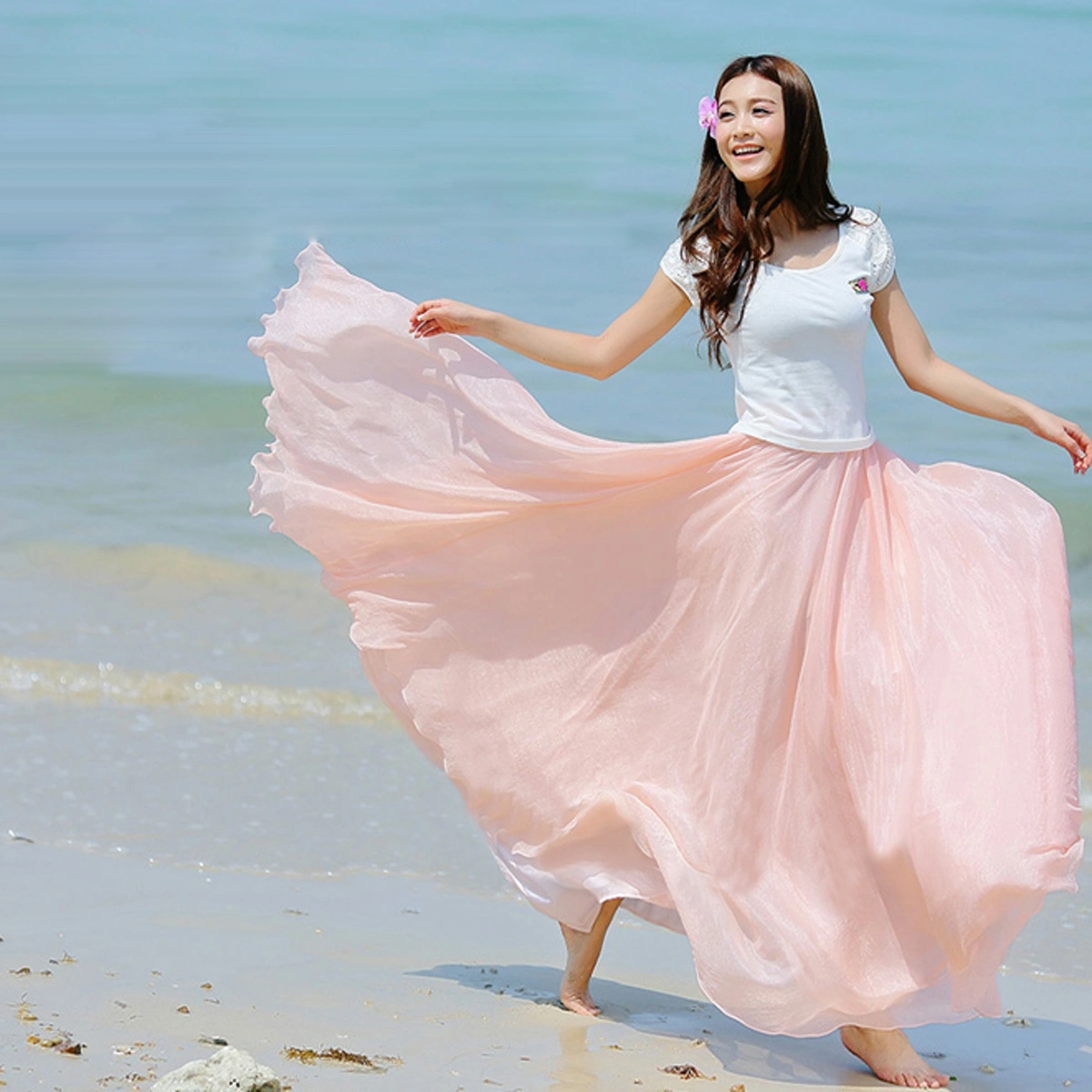 Fashion Bohemian Style Spring Summer Women's Elastic Waist Band Chiffon Long Maxi Skirt Dress - Size M (Light Pink)