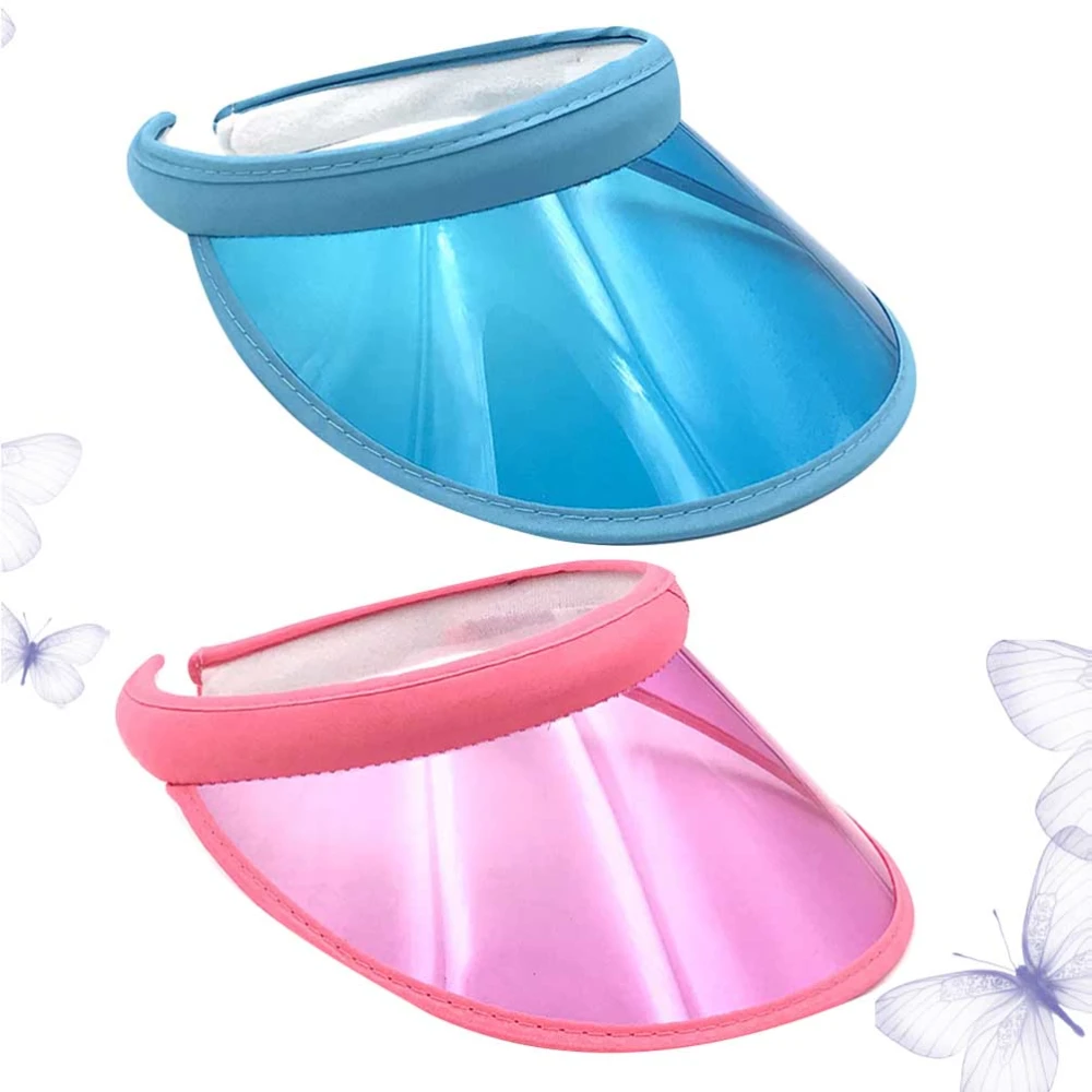 2Pcs Fashion Empty Hat Outdoor Leisure Sun Block Plastic Hat Summer Ultraviolet-proof Adjustable (Pink + Blue)