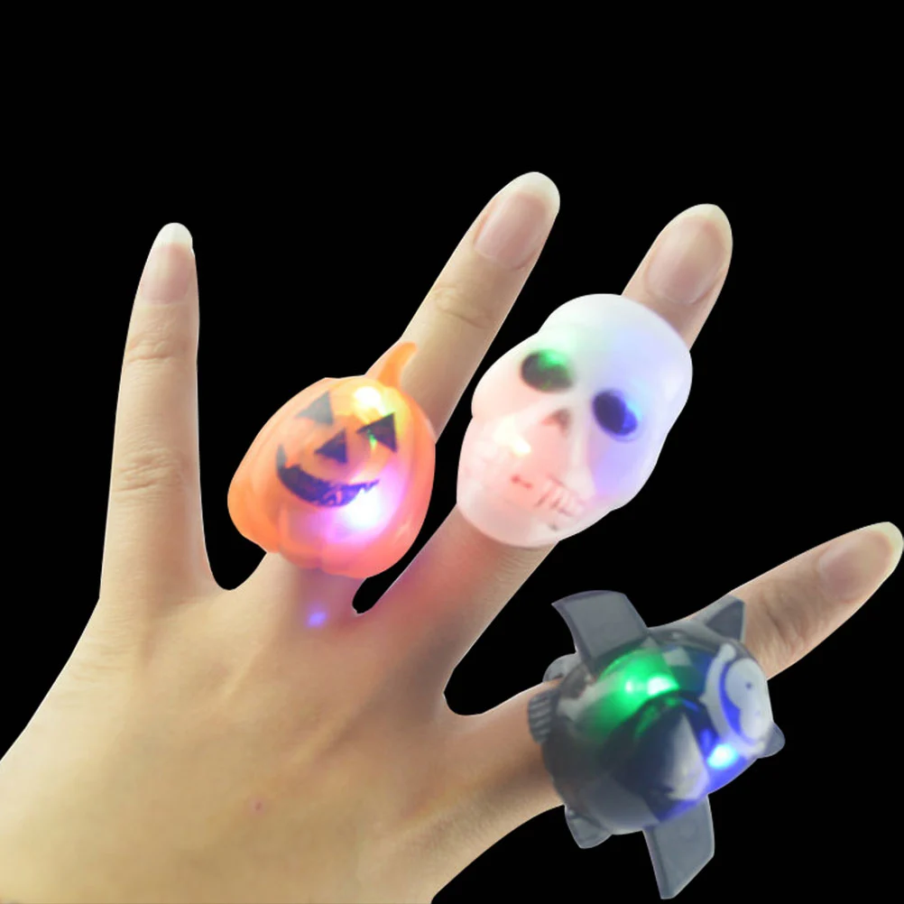 6pcs Halloween Luminous Rings Flashing Rings Pumpkin Skeleton Shaped Rings