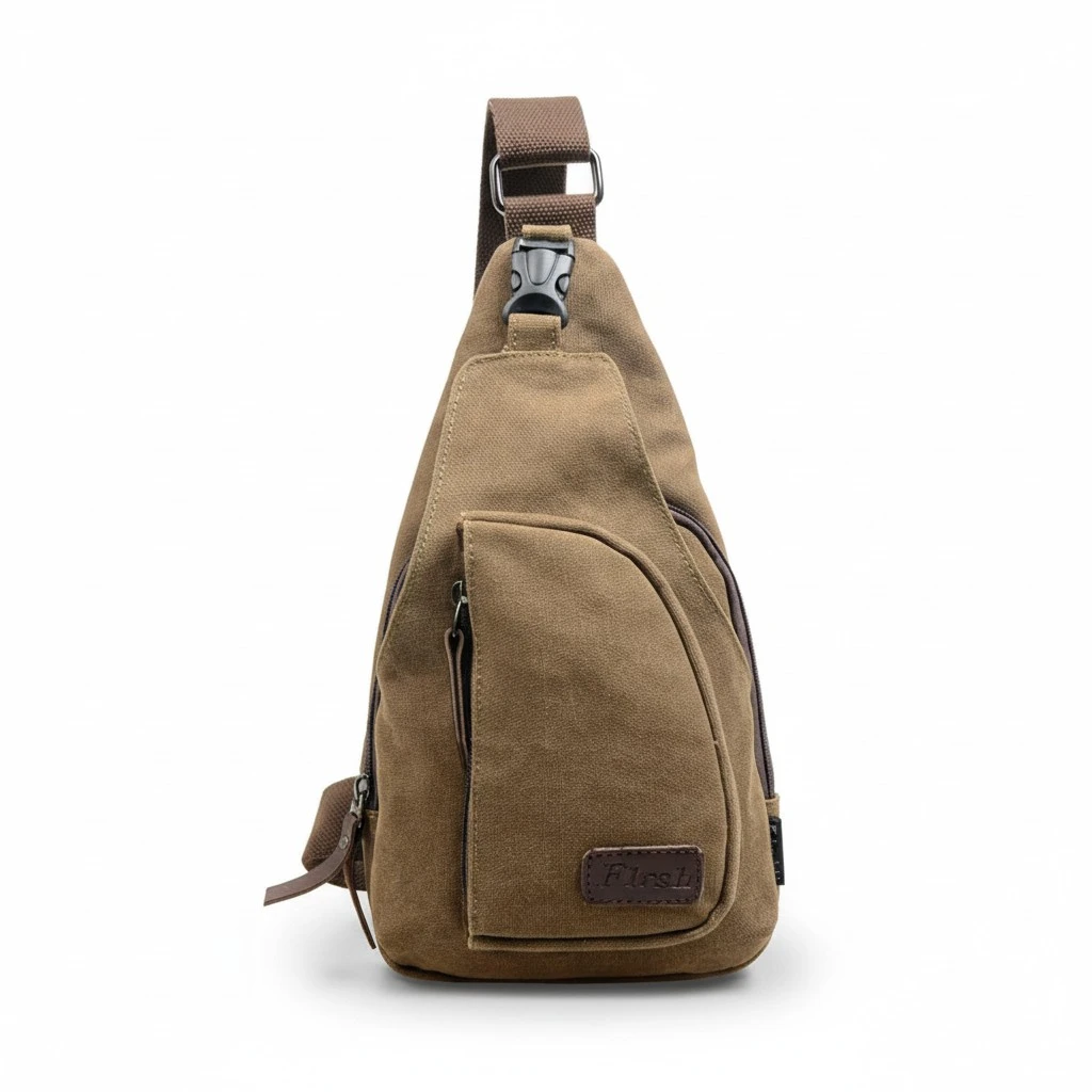 Cool Men's Outdoor Sports Casual Canvas Unbalance Backpack Shoulder Bag Crossbody Sling Chest Bag - Size L (Coffee)