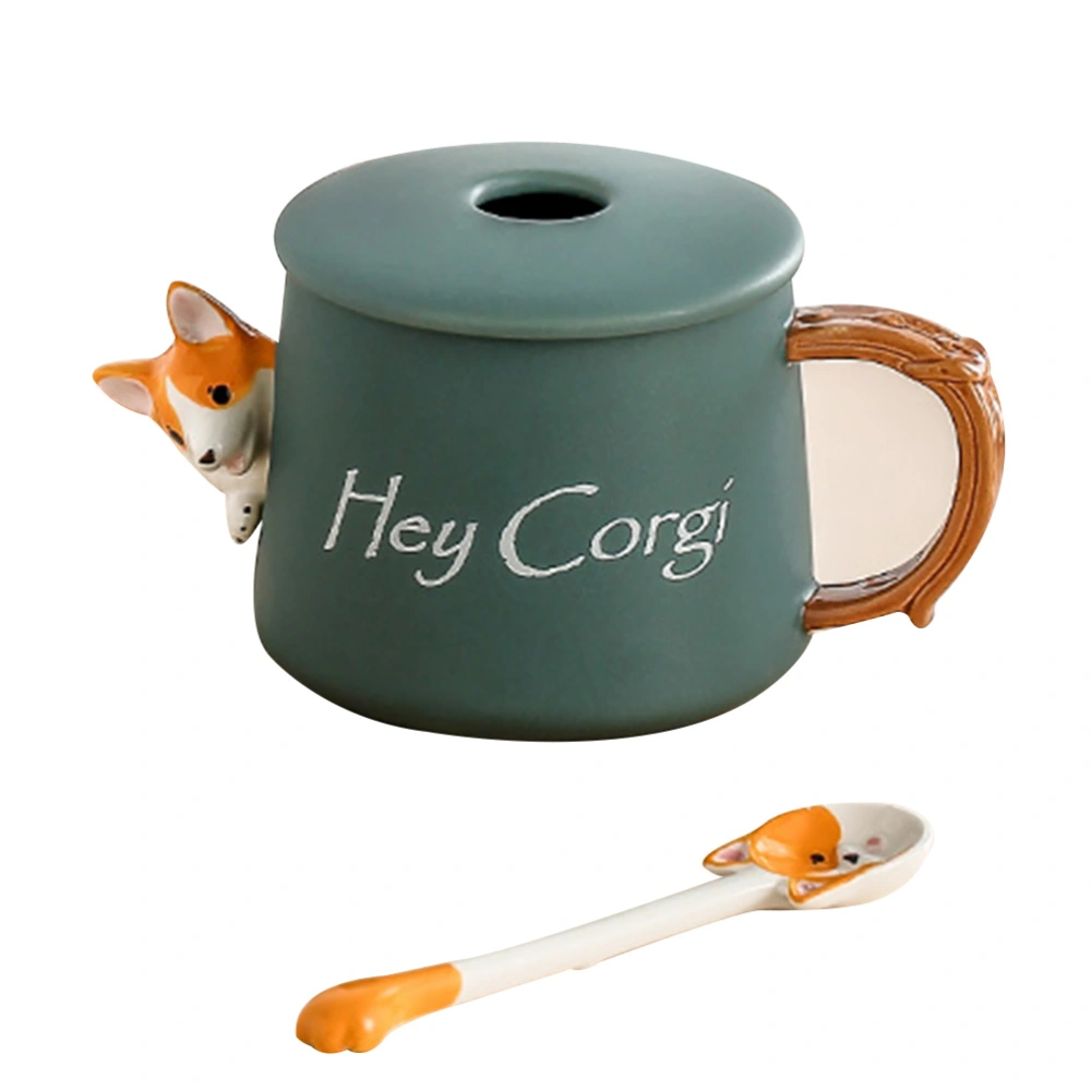 1pc Corgi Cup Ceramic Mug Durable Cup Storage Cup with Cover Spoon (Green)