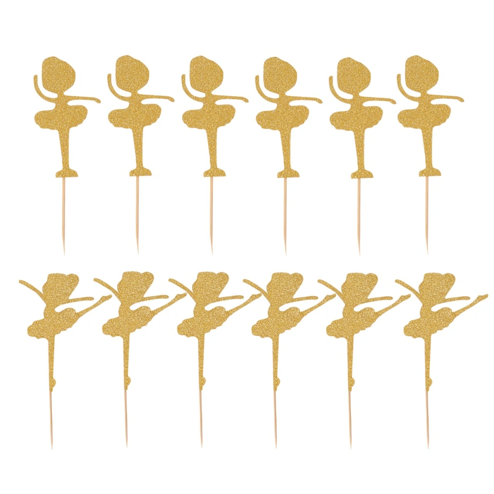 12 Pcs Cake Toppers Paper Ballet Girl Cake Fruit Picks Dessert Table Decorative Supplies (Golden)