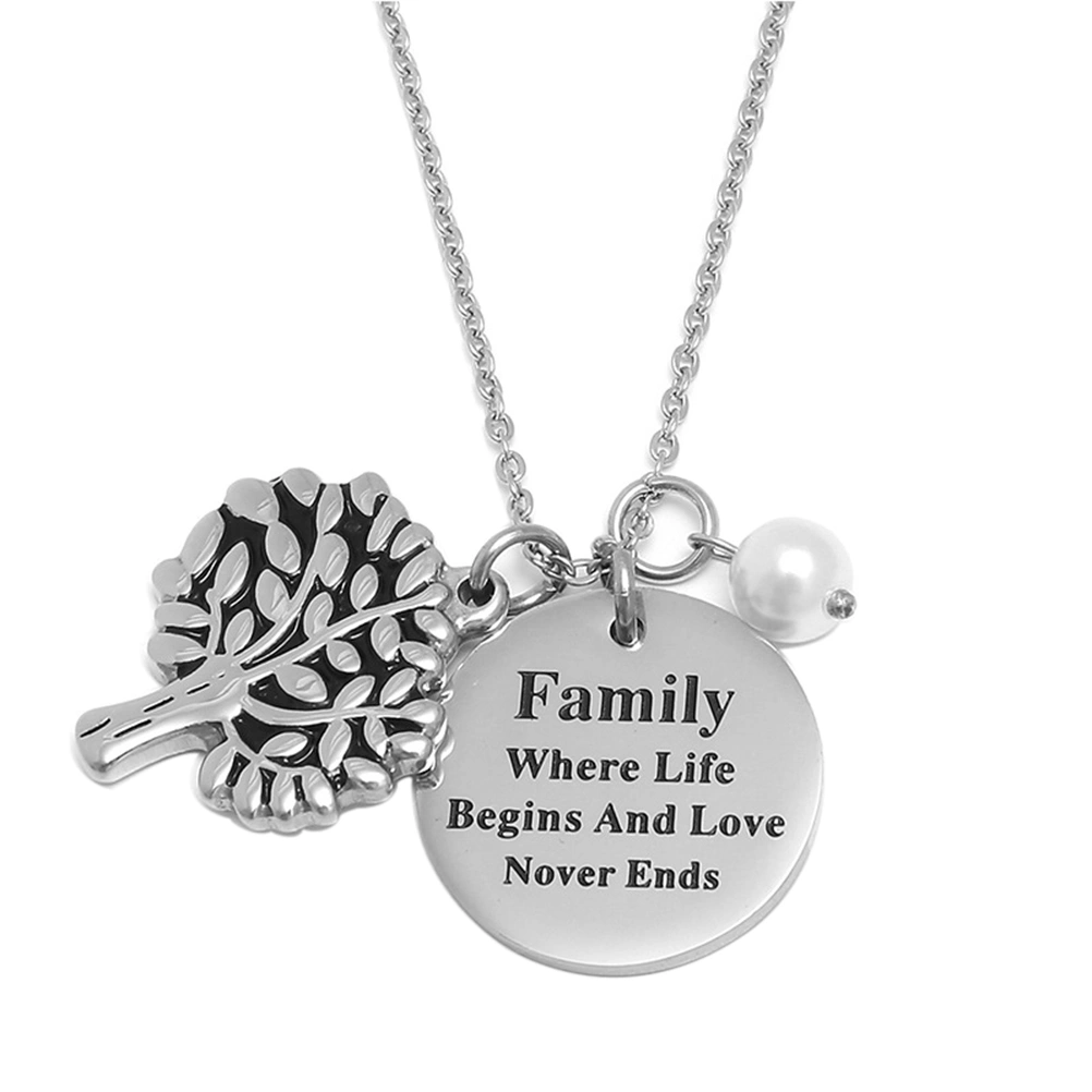 Tree of Life Pendant Necklace Mother's Day Jewelry Gift Engraved Words Round Pendant Charm Necklace (Family Where Life Begins And Love Never Ends)