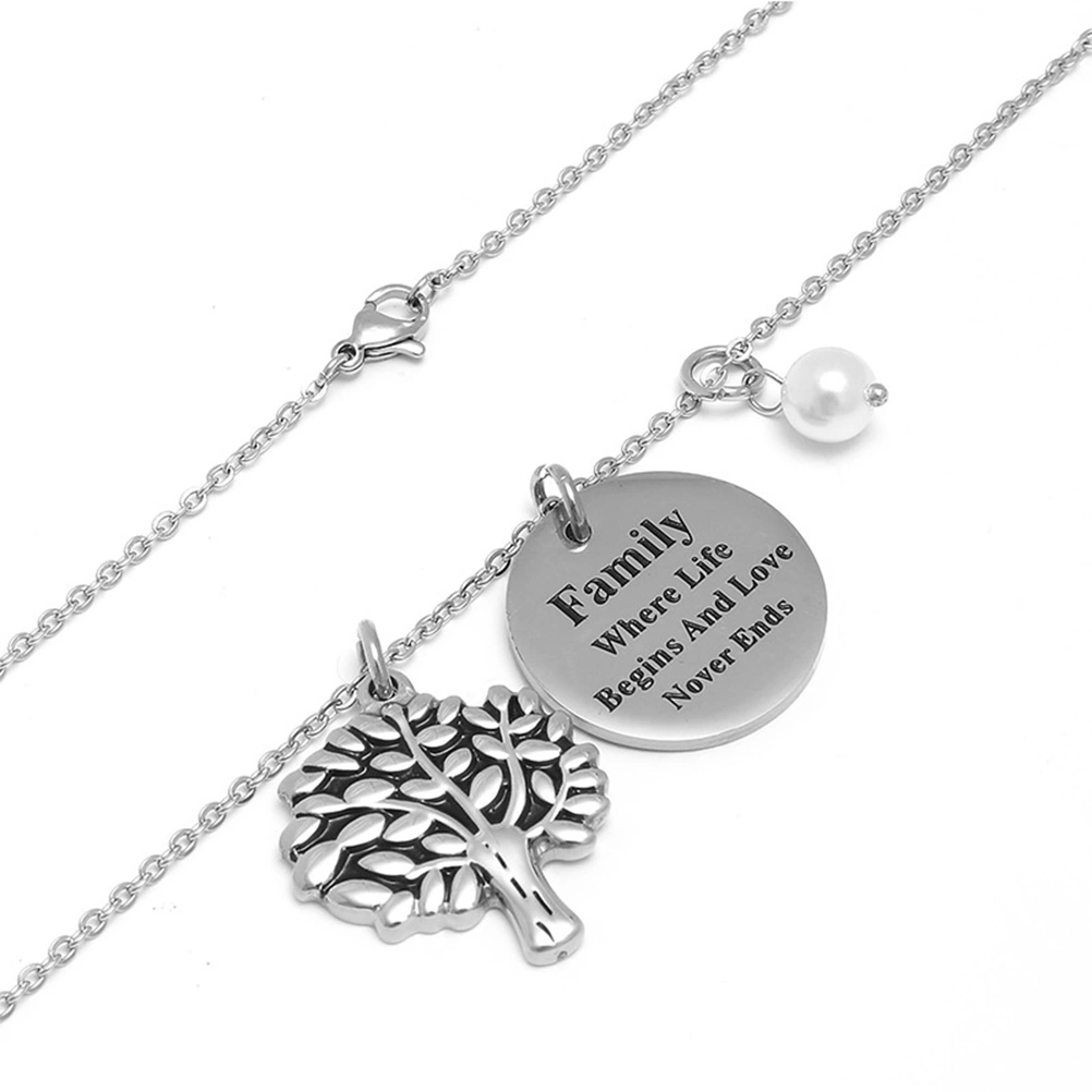 Tree of Life Pendant Necklace Mother's Day Jewelry Gift Engraved Words Round Pendant Charm Necklace (Family Where Life Begins And Love Never Ends)