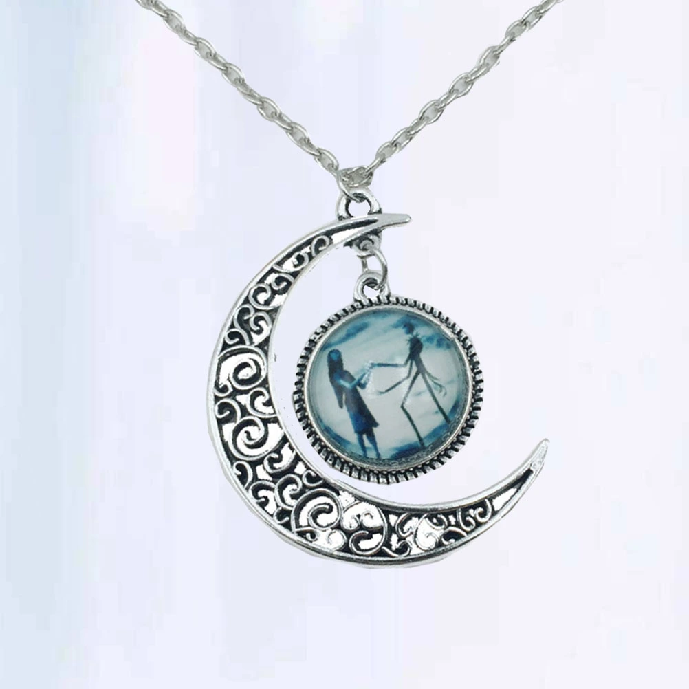 Fashion Silver Crescent Moon Pendant Necklace Glass Chain Necklace Women Friends Gift