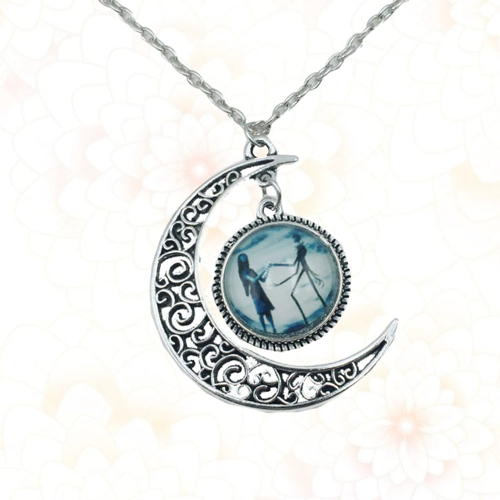 Fashion Silver Crescent Moon Pendant Necklace Glass Chain Necklace Women Friends Gift