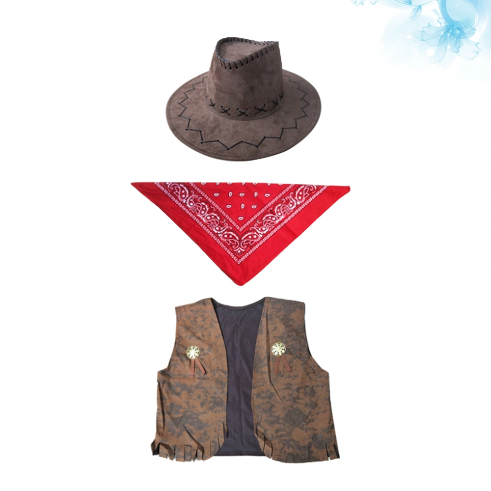 3pcs Cowboy Cosplay Costume Accessory Fashion Cowboy Hat Vest Triangle Scarf Set Creative Masquerade Decor Clothes for Festival Carnival (Adult Pattern)