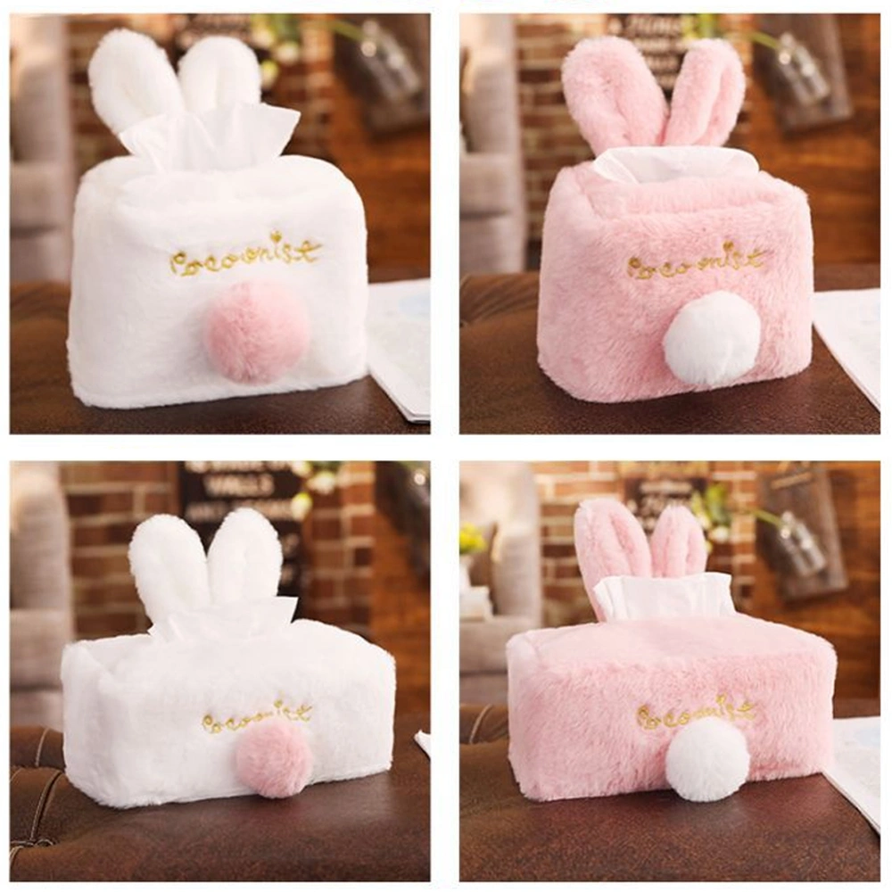 Rabbit Ear Tissue Box Plush Napkin Storage Container Convenient Paper Towel Organizer for Home Bar Office (White Square)