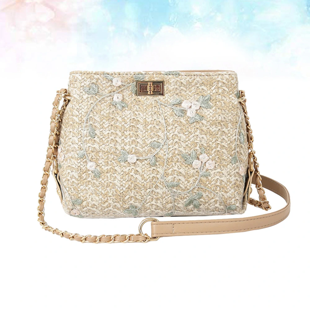 Khaki Straw Weaving Shoulder Bag Summer Crossbody Bag Multifunction Beach Bag Fashionable Lace Floral Pouch for Lady Girls