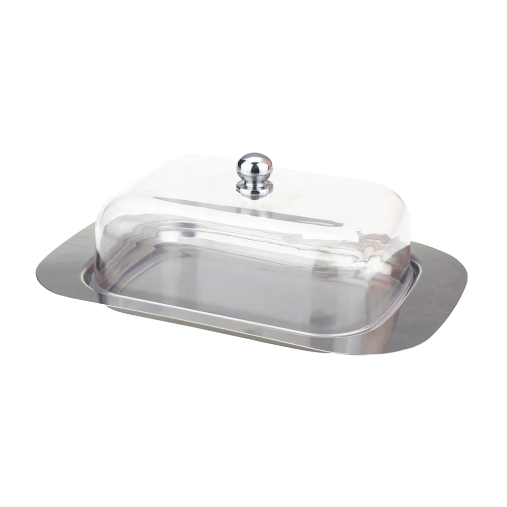 Stainless Steel Butter Dish Serving Tray with Plastic Lid Kitchen Cream Plate Cheese Holder