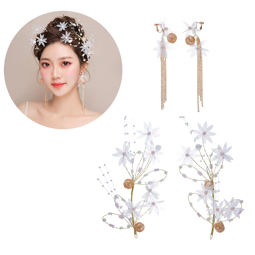 Pretty Hair Set Flower Clip Earrings Handcraft Hair Clip Cloth Hairpins Clamps Delicate Barrettes Styling Wedding Dress Accessories(1 Pair Clip+1 Pair Earrings)