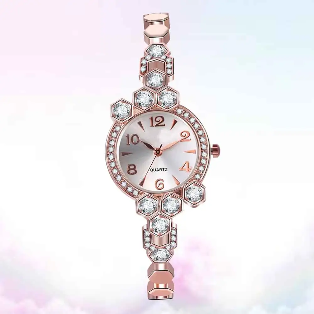 Women Alloy Watch Rhinestone Wrist Watch Fashion Quartz Watch Delicate Wrist Decoration Rose Gold