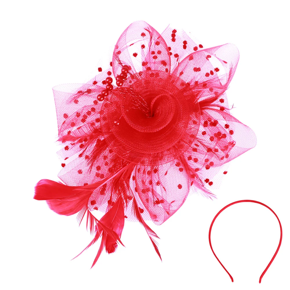 Bride Flower Feather Hairpin Headdress Hair Accessories for Wedding Banquet (Red)