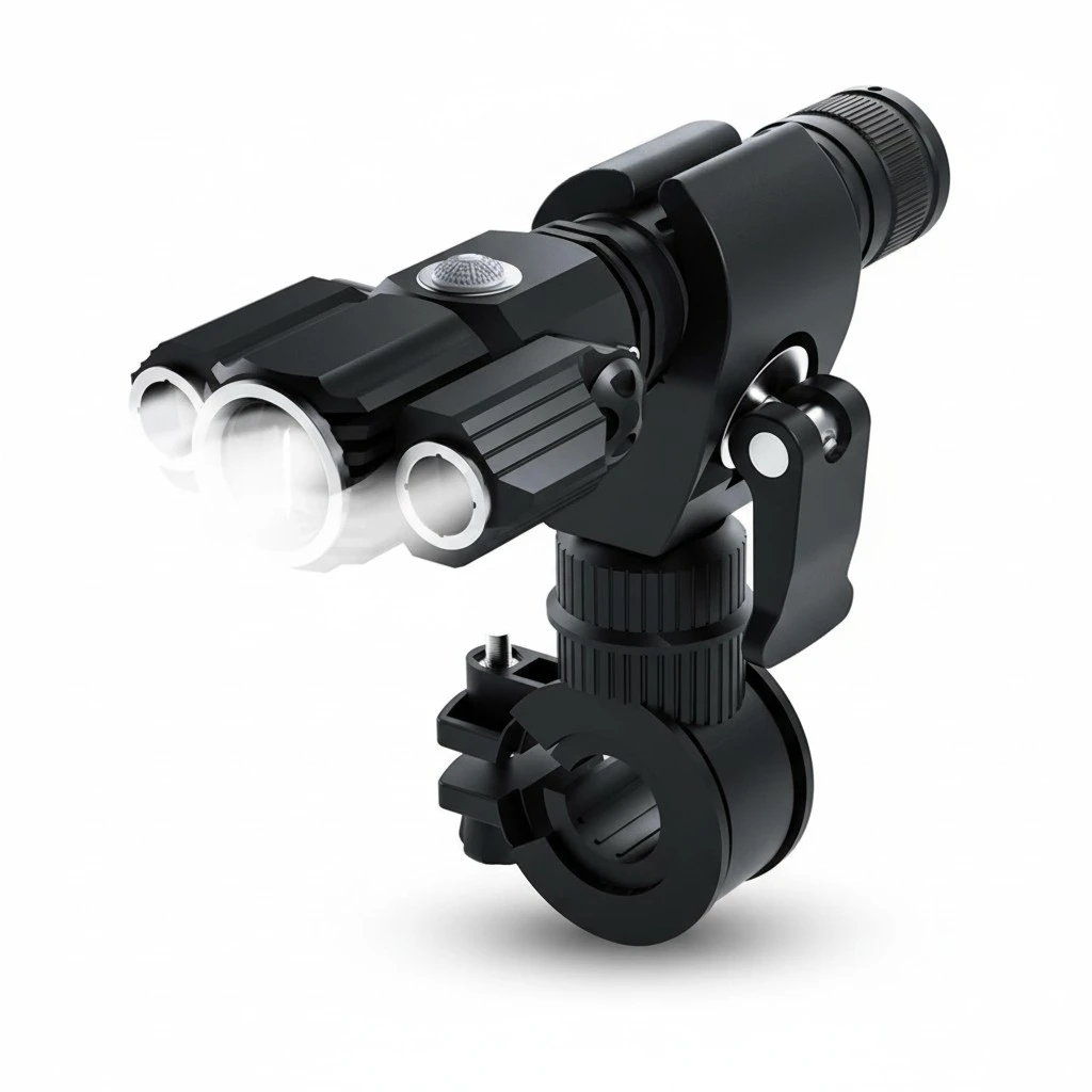 T6 L2LED Black Aluminum Alloy Multifunction Three Lamp Head Aircraft Shape Flashlight Waterproof Light Front Lights with USB Cable and Clip and Rear Light (No Battery)