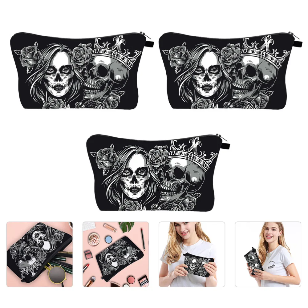 3Pcs Cosmetic Bag for Purse Makeup Case Dark Color Skull Travel Waterproof Pouch