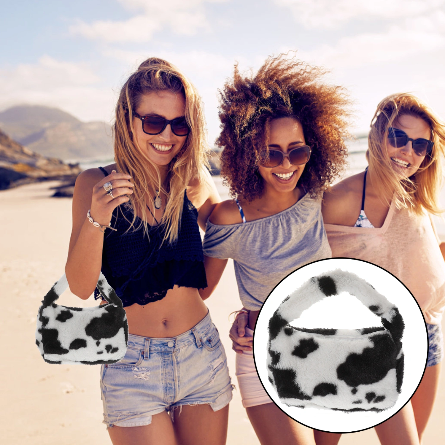 1Pc Fashion Hand-held Plush Bag Adorable Cow Lady Outdoor One-shoulder Bag
