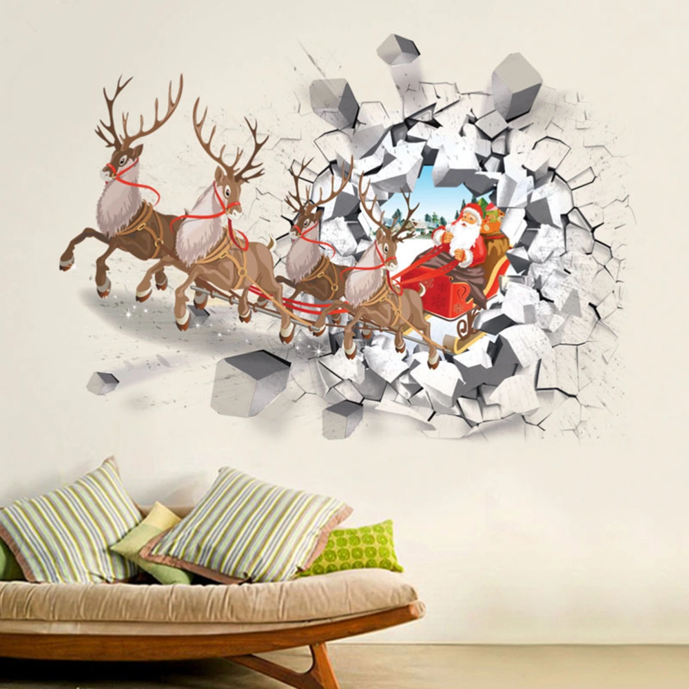 Christmas Wall Stickers Creative 3D Santa Claus Reindeer Car Removable Wall Decals for Bedroom Living Room Restaurant Office Decor