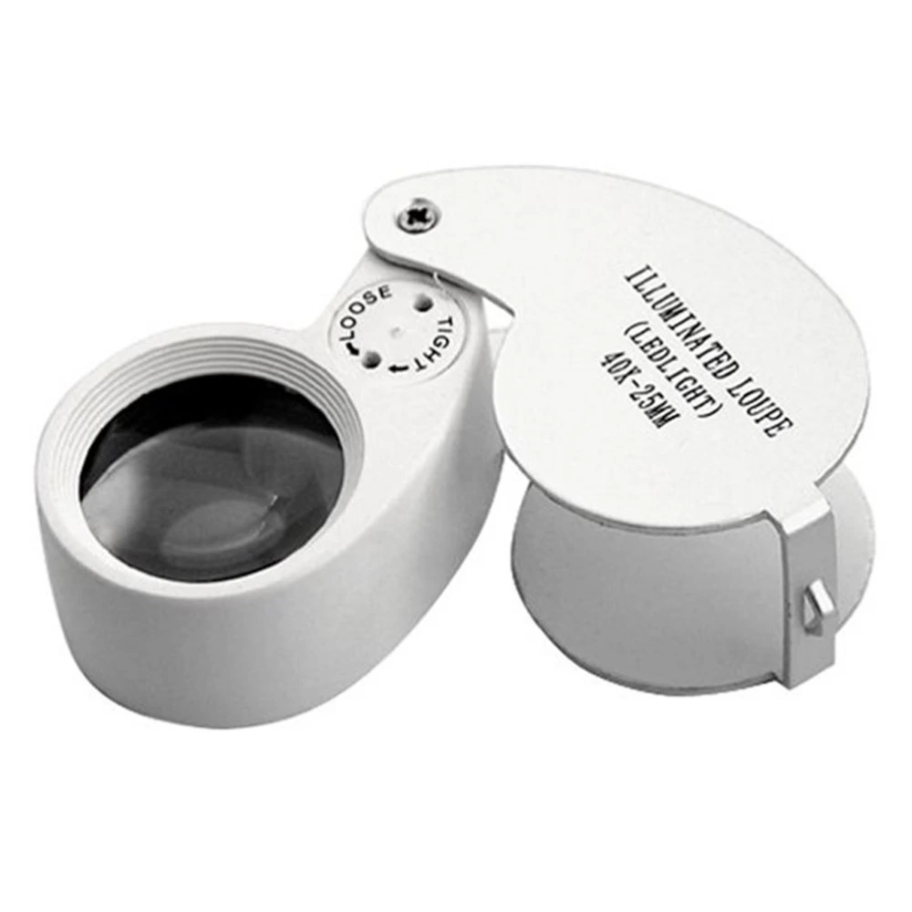 Portable Folding 40X 25mm Metal White LED Illuminated Loupe Jewelry Magnifier Magnifying Glass (Silver)