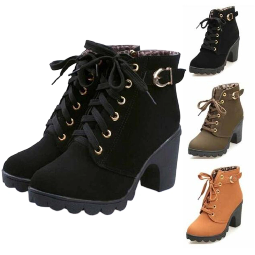 Womens Fashion High Heel Lace up Ankle Boots Lady Buckle Platform Shoes(Black,38)