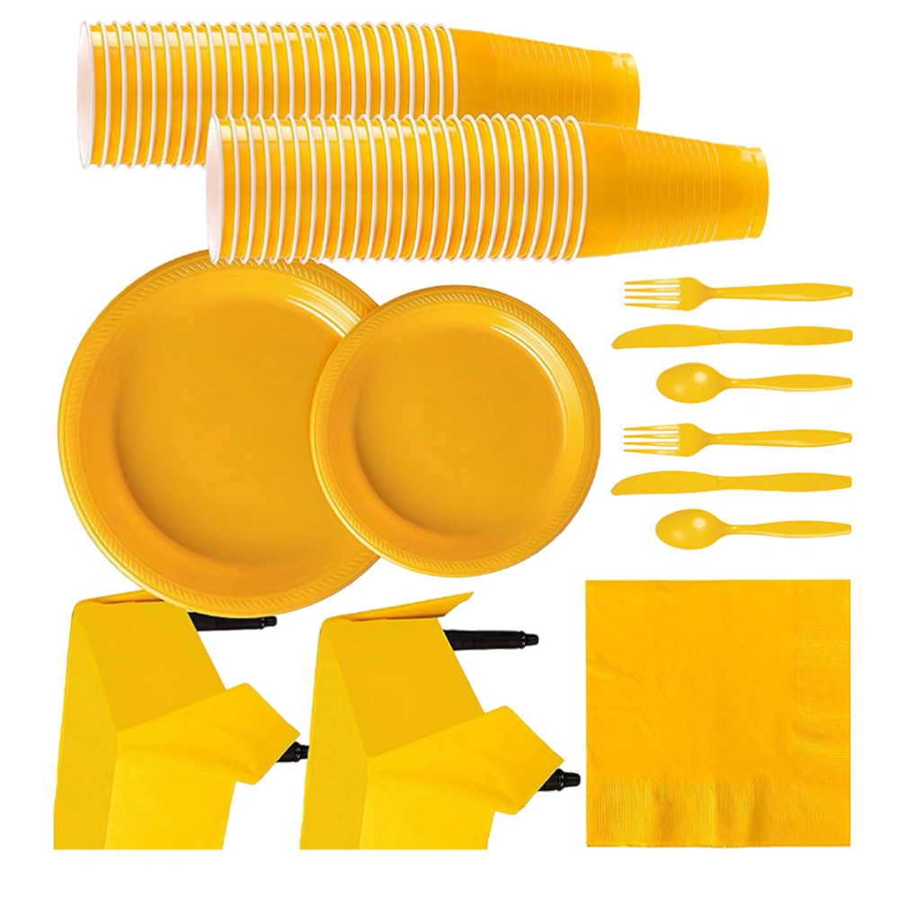 1 Set of 142PCS Disposable Birthday Tableware Set Birthday Party Dinnerware Set Single Color Disposable Cutlery Kit Disposable Plastic Plates Cups Tablecloth Kit for Birthday Party Supplies (Yellow)