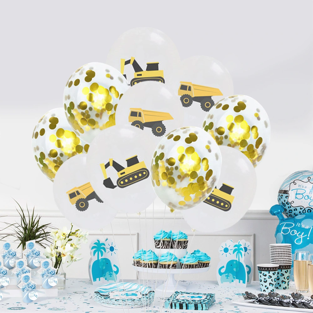 20 Pcs 12 Inch Balloons Set Colored Excavator Truck Printing Balloons Aluminum Film Sequin Confetti Balloon Set Baby Birthday Party Decorative Balloons with 2 Rolls Ribbons