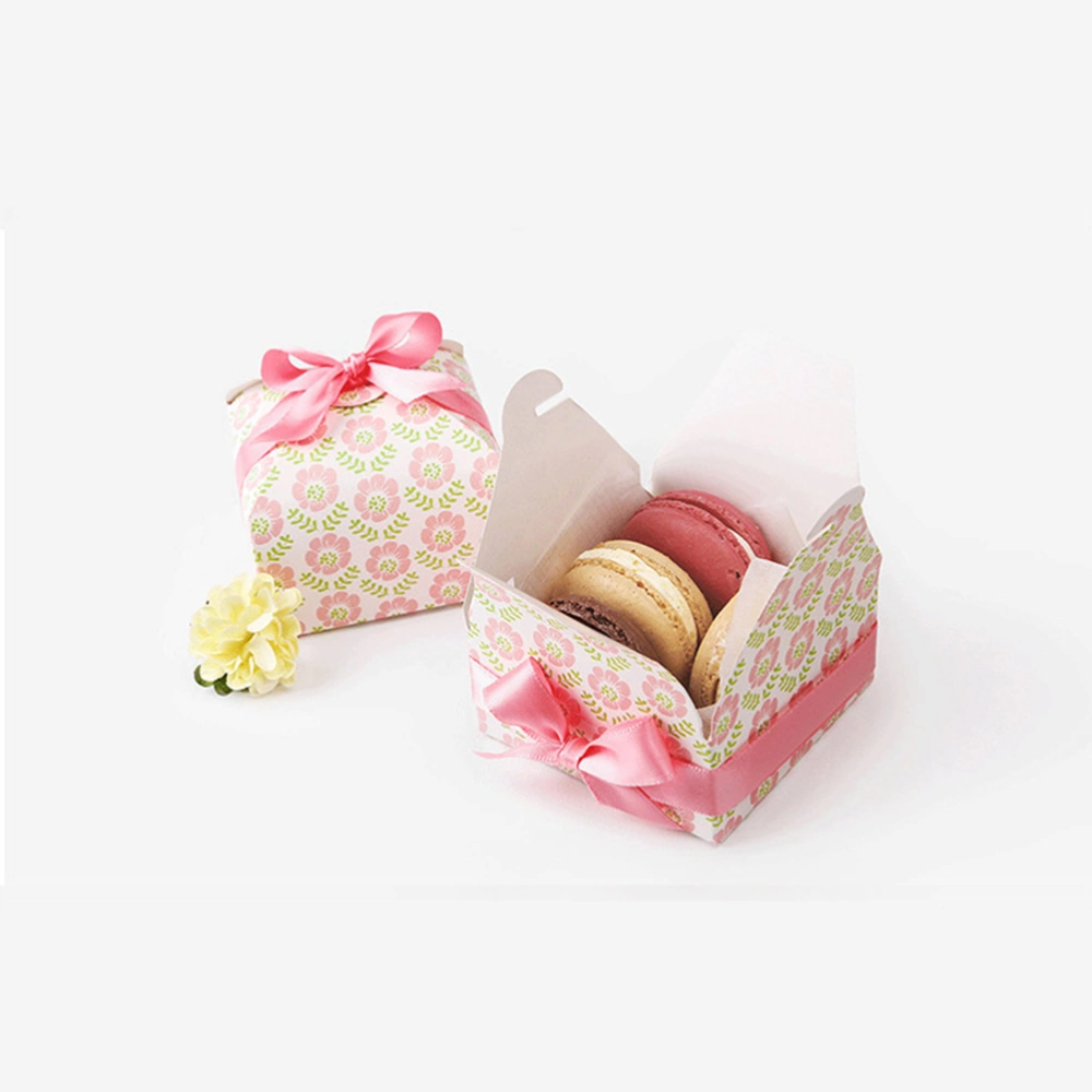 50 Pcs Creative Pink Flower Patterned Candy Boxes Gift Boxes Square Cookie Packaging Boxes with Ribbon for Wedding Party Decoration - 7.5x7.5x3.5cm (Random Ribbon Color)