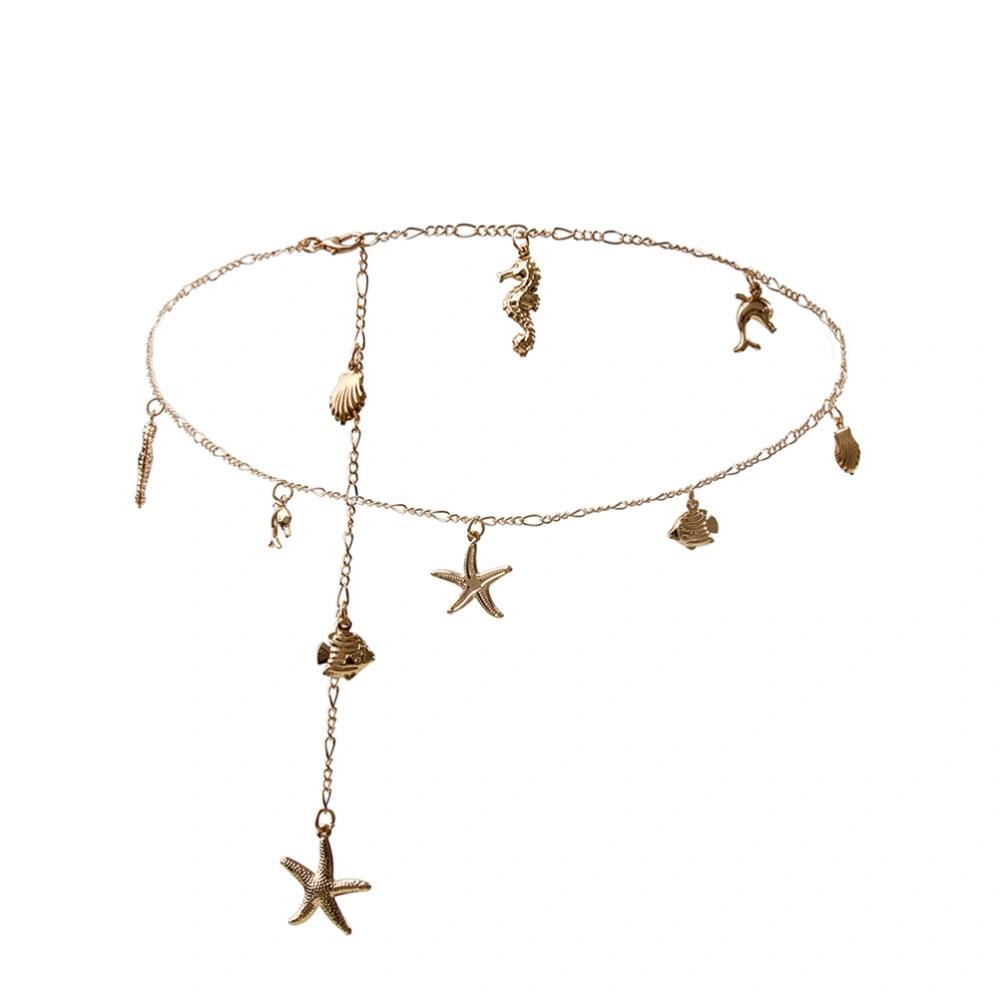 Hot Sea Style Waist Chain Sexy Beach Chain Shell Fish Star Combination Trendy Belt for Lady Girls (Golden)