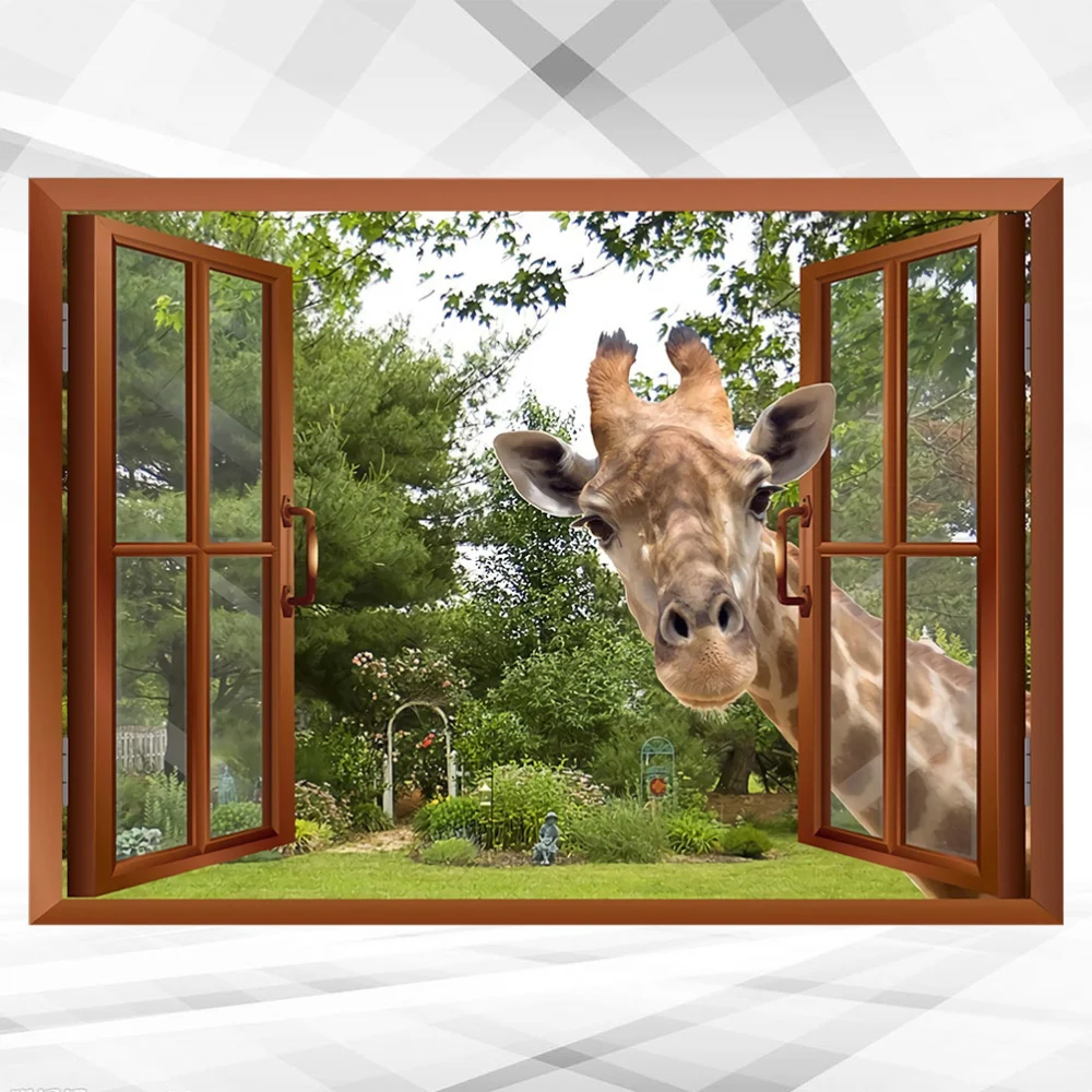 1 Pc 3D Fake Window Deer Wallpaper Wall Decal Removable Background Wall Poster for Living Room Bedroom Kids Room (90x60cm)