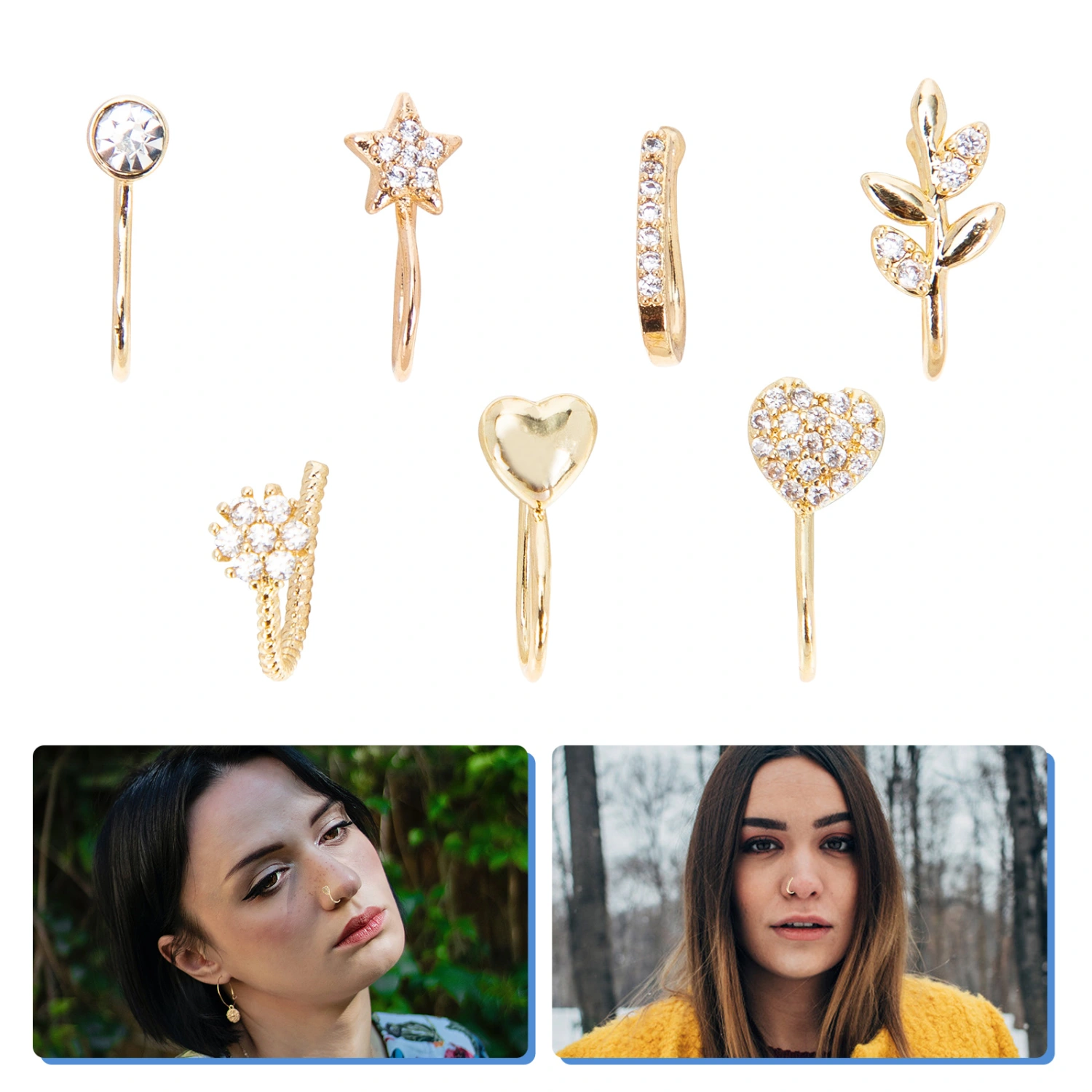 7pcs Golden Nose Rings Nose Non-Piercing Fashion Jewelry for Women Men