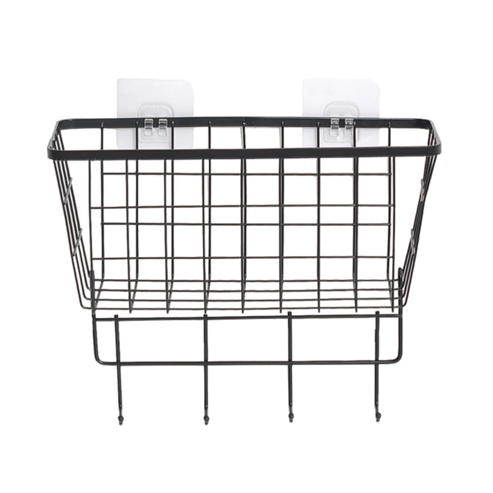 Punch Free Storage Basket Iron Art Hanging Organizer Wall Mount Storage Rack Holder with Hooks for Kitchen Bathroom Office (Black)