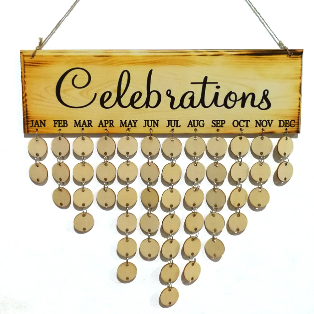 Celebrations Festival Birthday Reminder Wooden Plaque Board DIY Calendar Gift for Home Decoration (Wood Color, 1 Plaque, 1 Rope, 50 Round Discs)