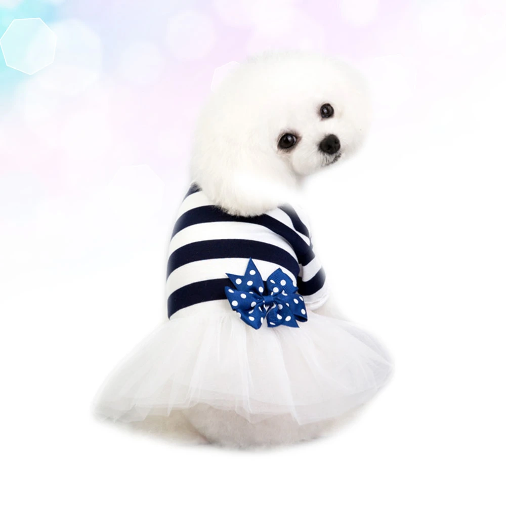 Dark Blue Dog Tutu Dress Bow Tulle Skirt Clothes Dog Stripe Costume Apparel Pet Supplies - Size L