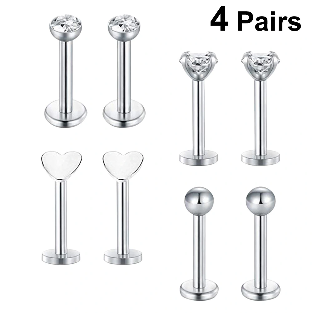 4 Pairs Forward Helix Earring Tragus Cartilage Earring Stud Barbell Body Piercing Jewelry (Steel Color)