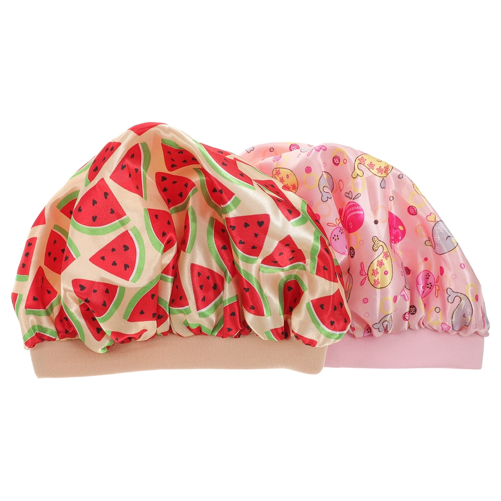 2pcs Kids Night Printing Night Hat Sleeping Satin Head Cover Bathing Shower for Home Travel