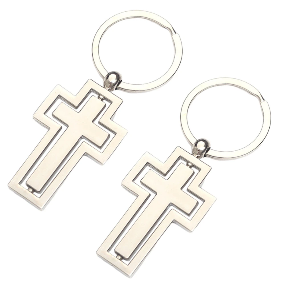 2pcs Silver Cross Gift Keychains Religion Theme Key Holder Rotating Pendant Zinc Alloy Key Rings Craft Ornaments 