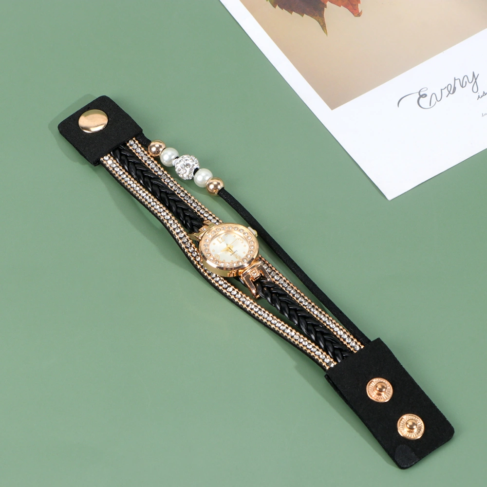 Rhinestone Women Watch Braided Wrist Watch Fashion Quartz Watch Wrist Chain Black