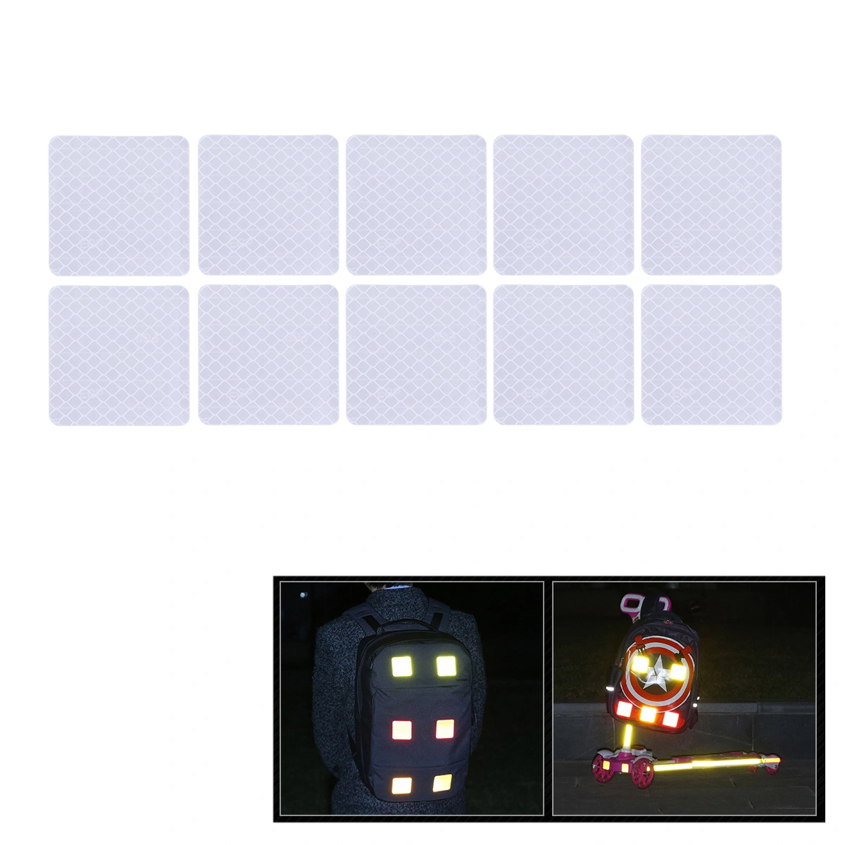 10pcs Adhesive Reflective Strip Safety Belt Night Riding Traffic Band Square Reflective Warning Strip Stickers (White)