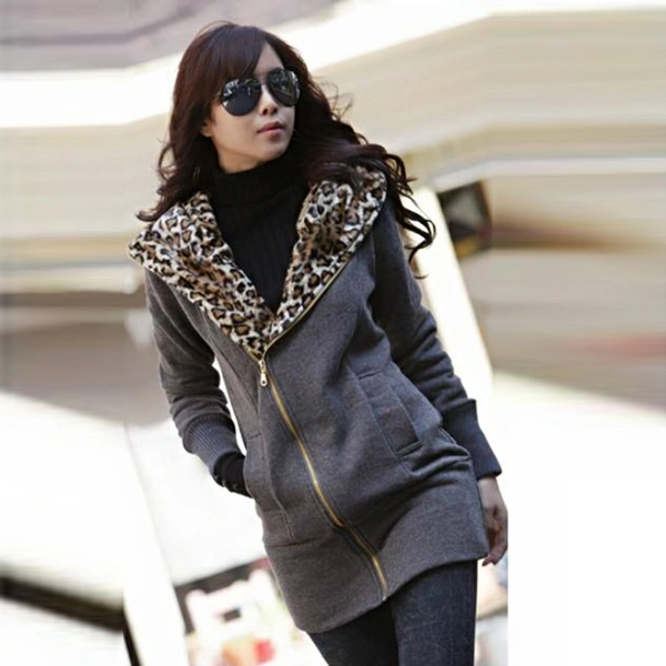 Fashion Autumn Winter Leopard Pattern Women's Medium-long Fleece Zippered Hoodie Outerwear Coat - Size M (Grey)