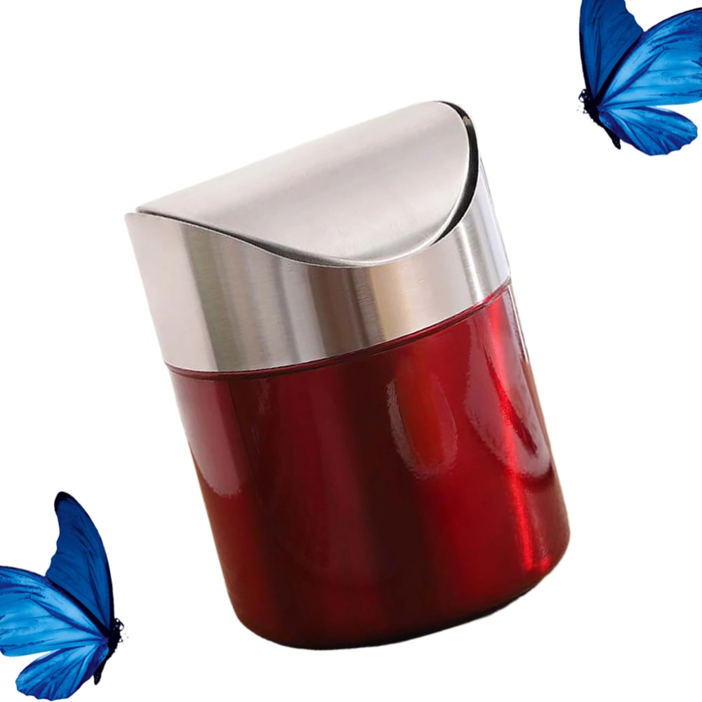 1pc Desktop Stainless Steel Trash Can Trash Bin Garbage Can Compact Size Storage Case (Red + Silver)